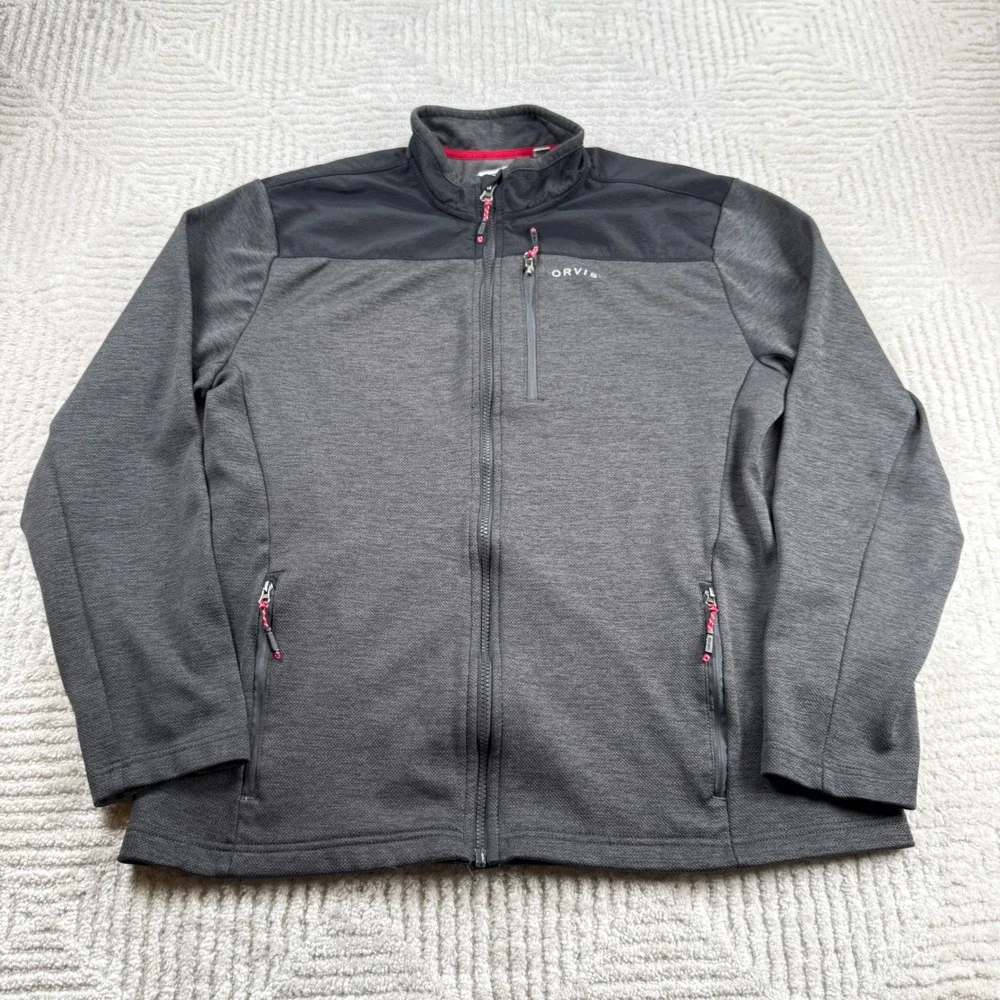 Orvis Fleece Jacket Mens Large Gray Full Zip Mock Neck Hiking Gorpcore Camping